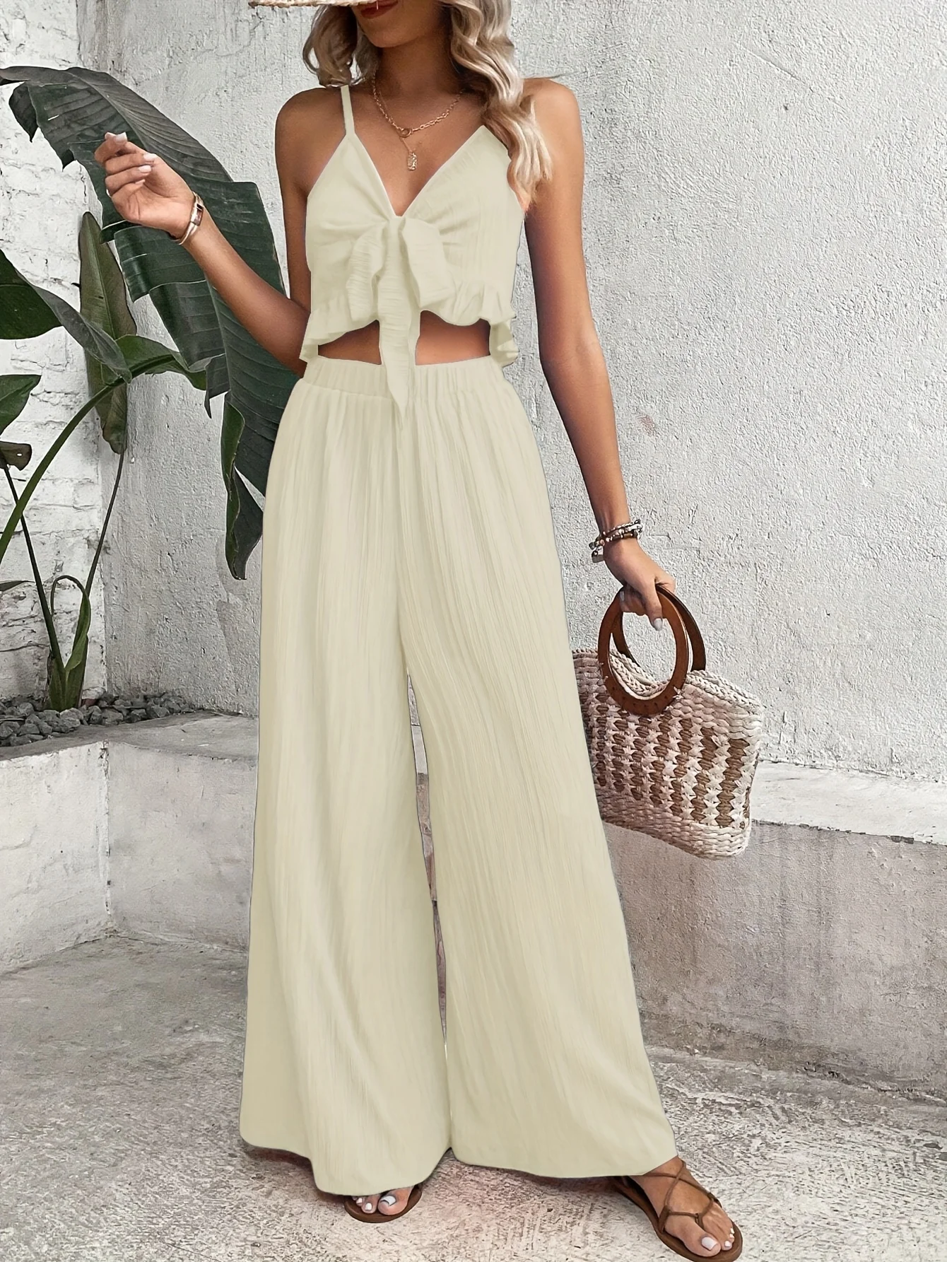 

Fashion Sexy V Neck Set Women Casual Sleeveless Spaghetti Strap Short Tops+High Waist Wide Leg Pants Two Piece Sets Lady Summer