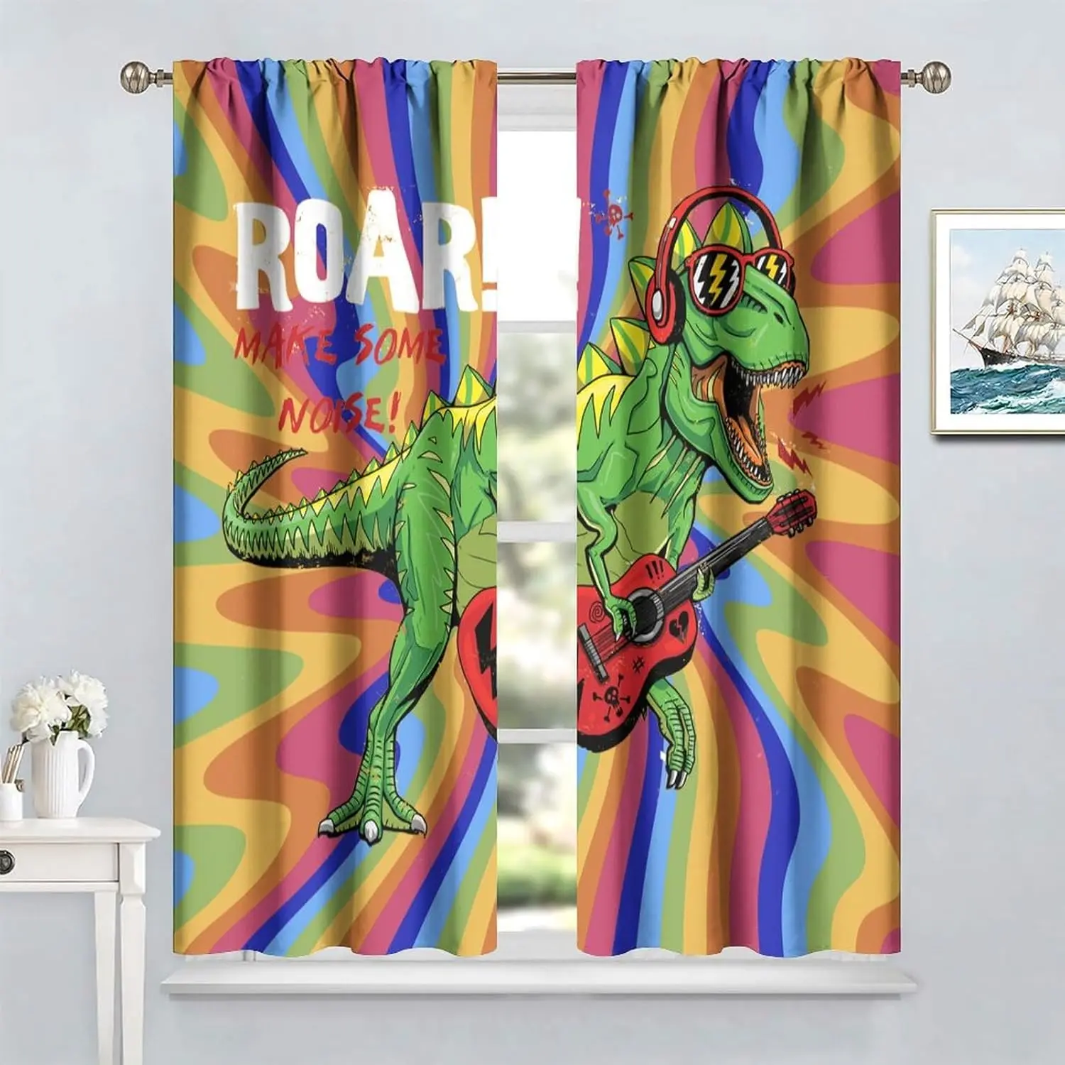Kids Green Dinosaur Curtains, Funny Dino Make Some Noise Window Treatments Retro Hippie Groovy Geometric in Pop Art Style Window