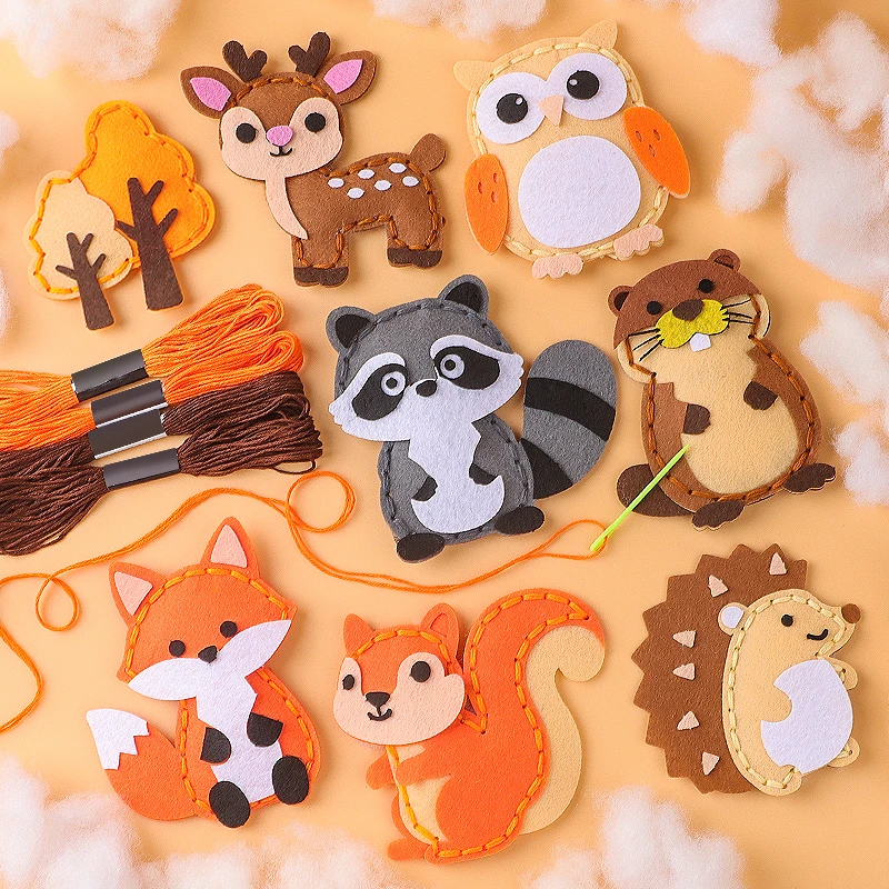 Forest Animal Felt Sewing Kit for Kids, DIY Hand Sewing Craft Set Fox Deer Owl Raccoon Hedgehog Squirrel Beaver, Children Beginn