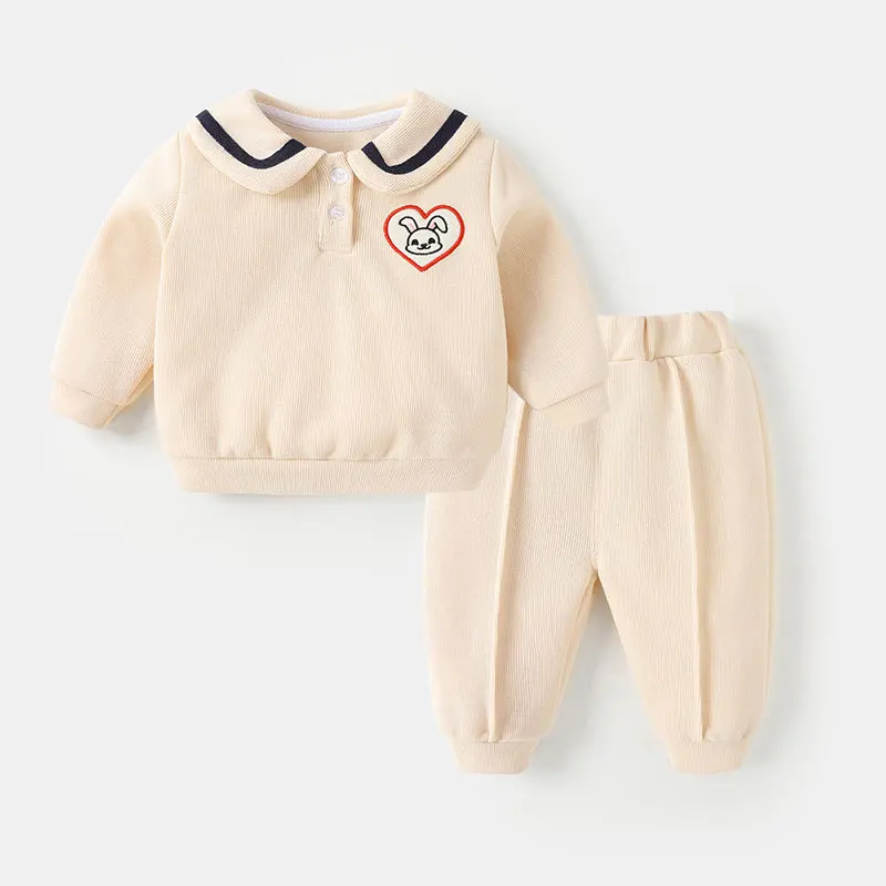 Ins Baby Girl Two-piece Clothes Set Rabbit Sticker Navy Collar Sweatshirt Cotton Solid Sport Pant Infant Toddler Girl Tracksuits