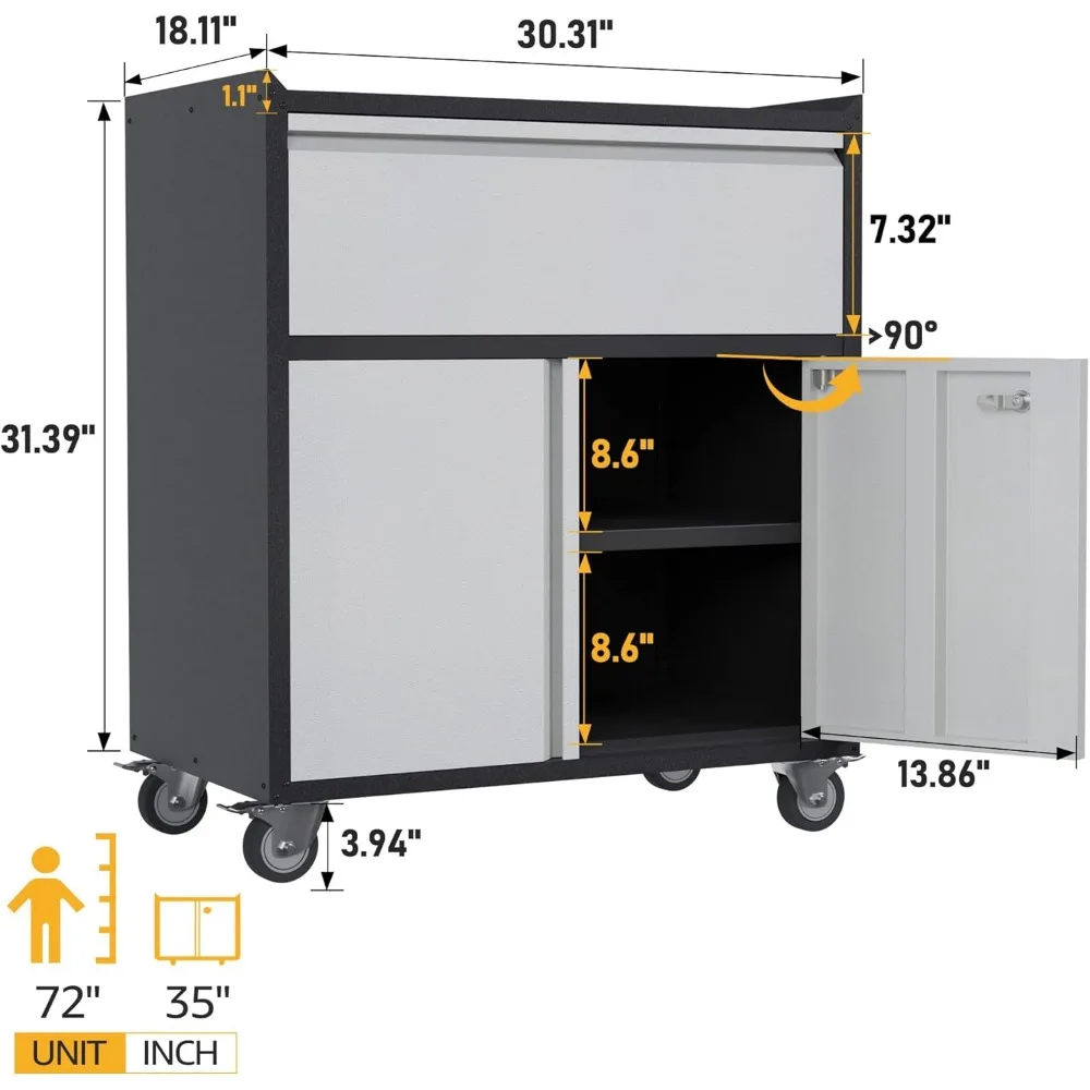 Metal Storage Cabinet with Drawer& 2 Doors Adjustable Shelves, Workbench Mobile Tool Chests Garage with 4 Wheels, Lockers