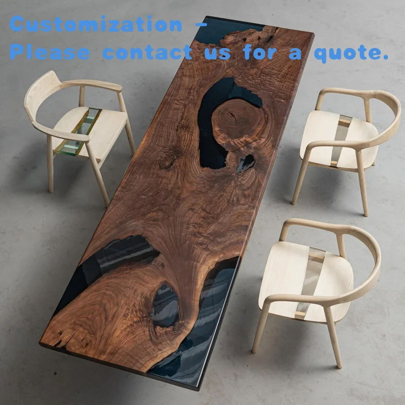 custom.Luxury Elegant Handmade Solid Wood Modern Design Black Epoxy Resin River Dining Table Set