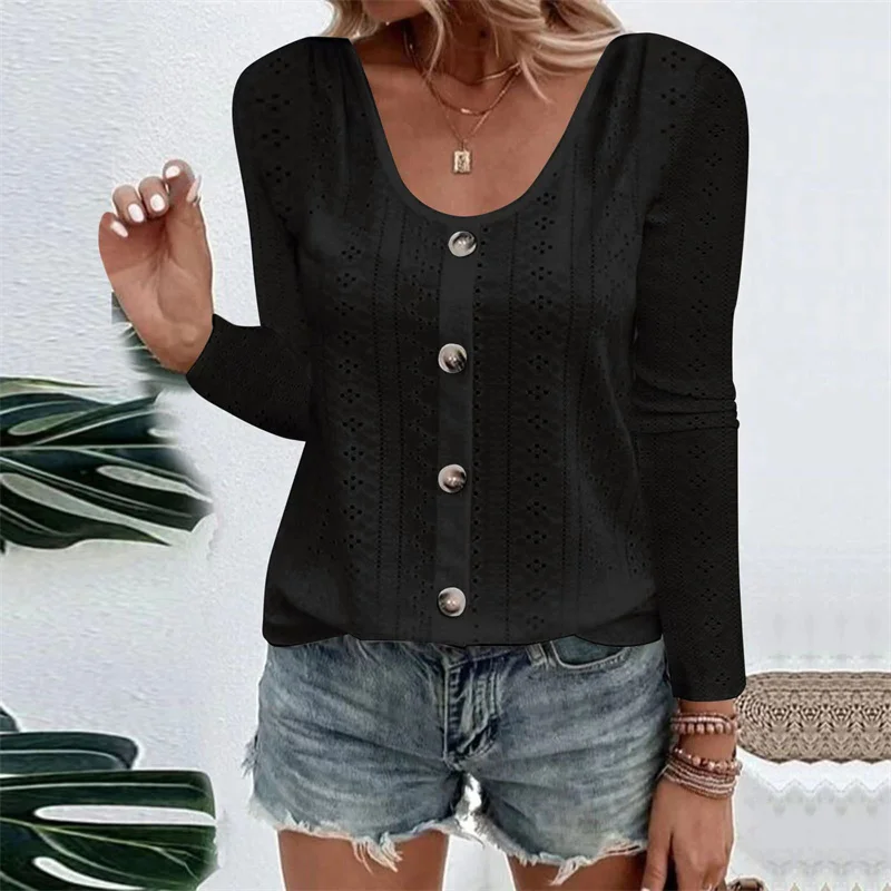 

Elegant Jacquard Solid Color T-Shirt Women Single-breasted Decorative Tops Ladies 2023 Autumn Casual Loose Long Sleeve Tees 5XL