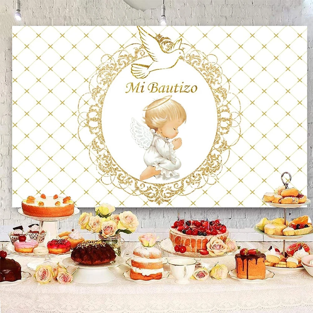 Mi Bautizo Baby Shower Backdrop My First Communion Gold Cross Grail God Bless Baptism Christening Birthday Decor Background Prop