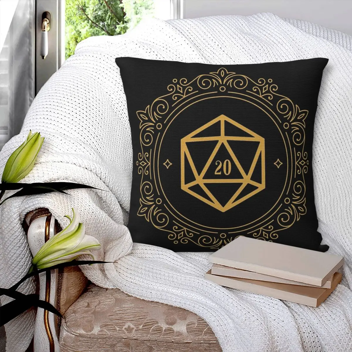 Polyhedral D20 Dice Monogram Bronze Tabletop RPG Square Pillowcase Polyester Pillow Cover Comfort Throw Pillow For Home Bedroom