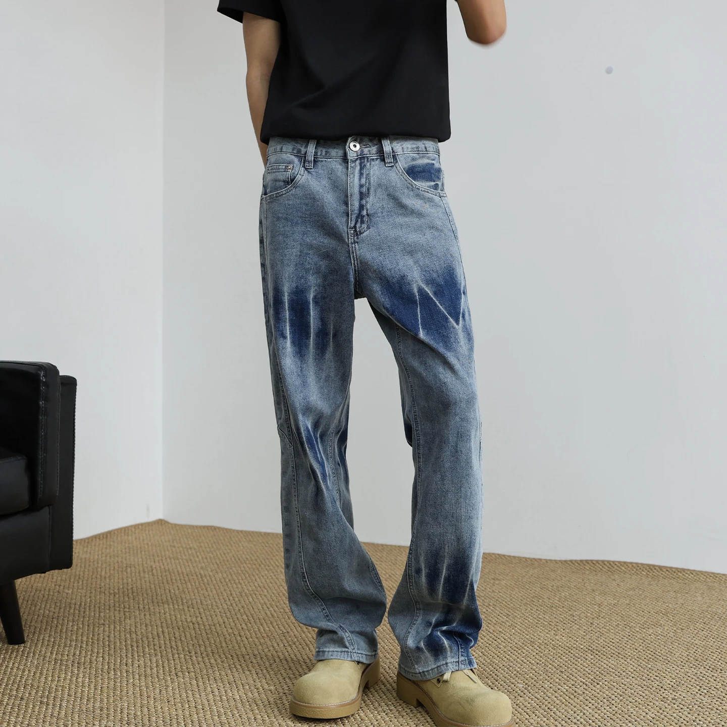 

Tie Dye Straight Leg Jeans Men's American High Street Patchwork Gradient Washed Loose Spring Summer New Style Casual Jeans