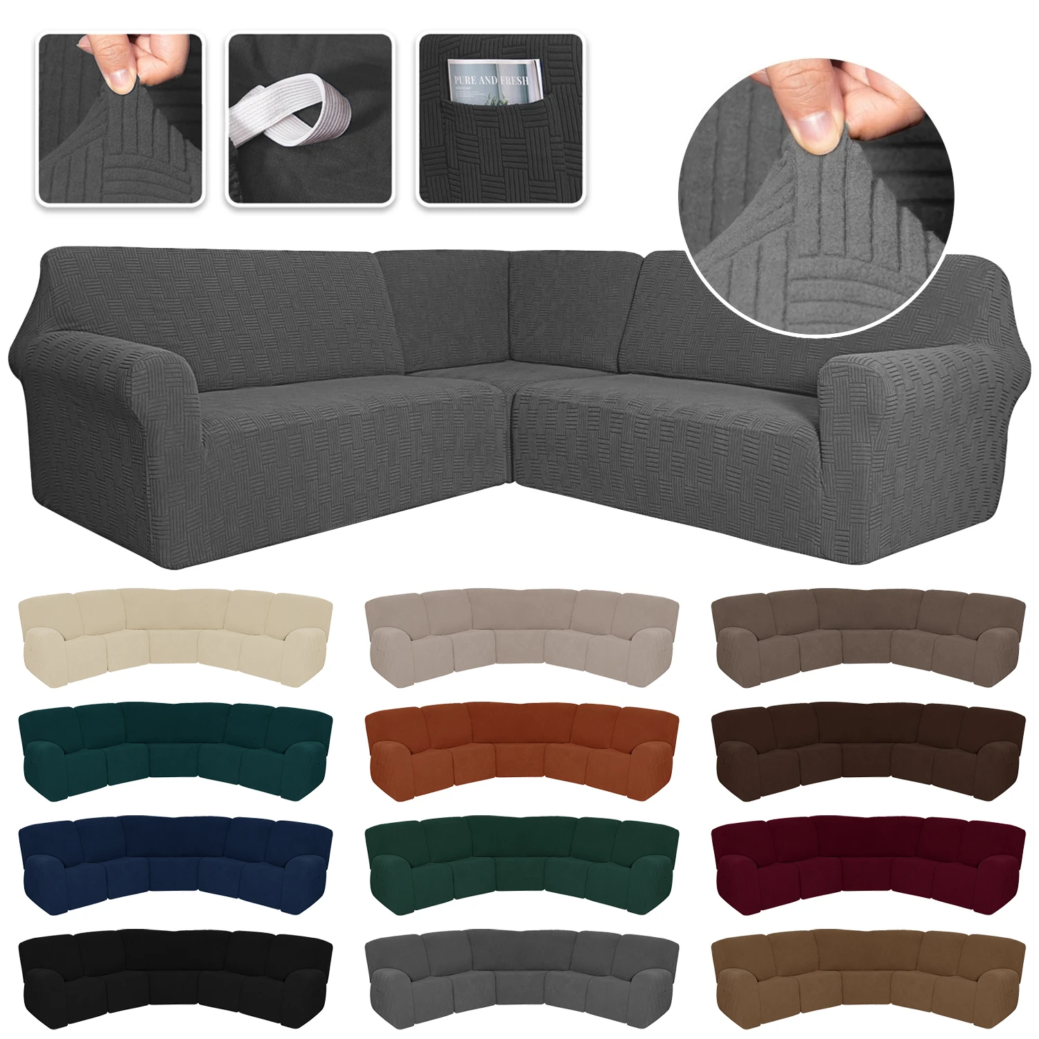 

Jacquard Corner Couch Slip Cover 5 Seater L Shaped Sectional Reclining Sofa Covers Stretch Washable 7 Piece Set Couch Decor