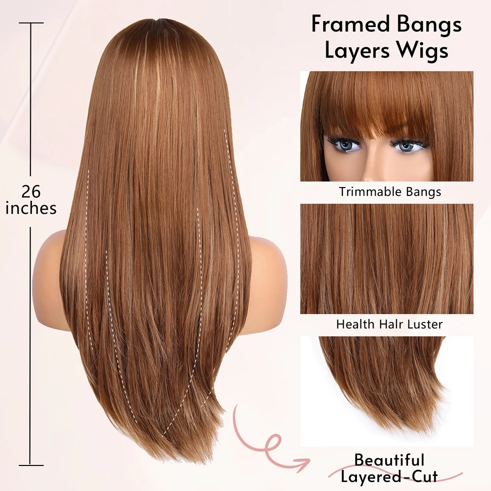 26inch Synthetic Wig With Bangs Long Straight Multilayer Wigs Synthetic Hair Replacement For Women Ladies Daily Party Halloween