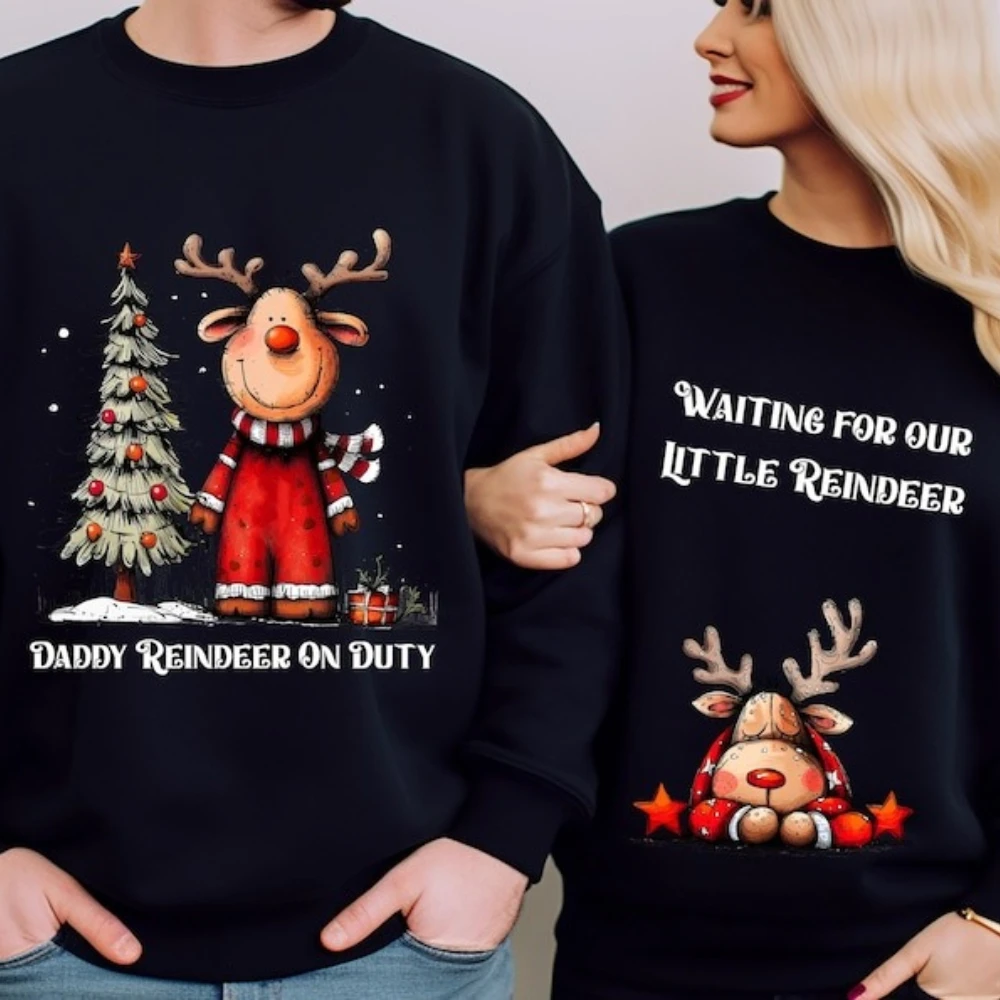 

Matching Christmas Lady Sweatshirt Set Daddy Reindeer on Duty Waiting for Our Little Reindeer Cute Holiday Couple Outfit Hoodies