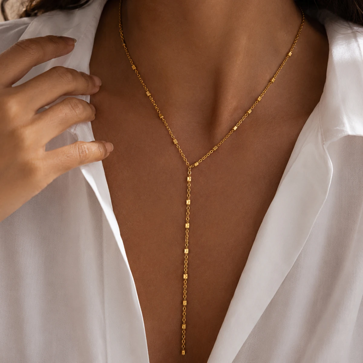 KunJoe 2027 Stainless Steel Yshaped Long Tassel Necklace Women Trendy 18K Gold Plated Geometric Pendant Chain Aesthetics Jewelry