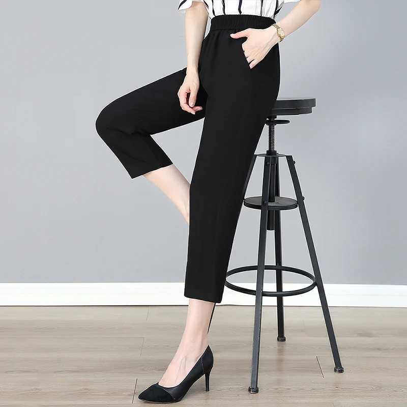 New Summer Fashionable Comfortable Versatile Breathable Thin 7-Point Trousers Women'S Loose Casual High Waist Straight Leg Pants