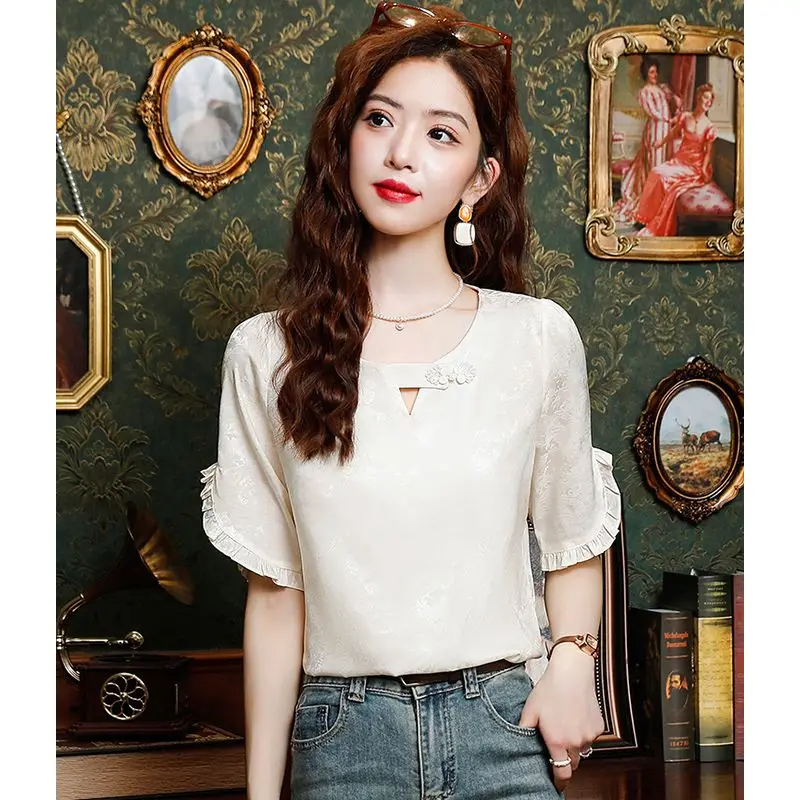 New Chinese Style Black Ears with Chinese Style Short-sleeved Chiffon Shirt for Women in Summer Fashion and Chic Buttoned Top