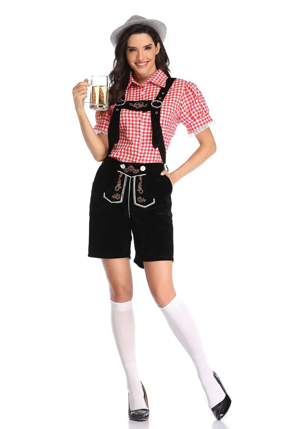 Adult Munich Oktoberfest Suspenders Plaid Shirt Costume Beer Party Costume Bartender Waitress Costume Cosplay Carnival Halloween