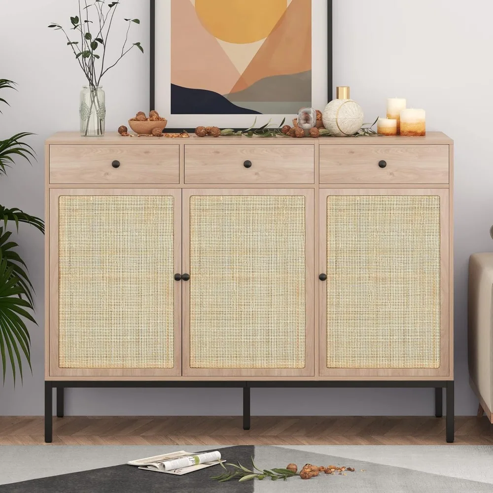 Sideboard Cabinet with Hand-Woven Natural Rattan Doors,Rattan Cabinet with 3 Drawers for Living Room Kitchen Entryway，Metal Legs