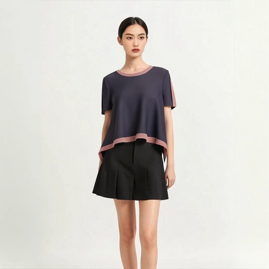 

Miyake Pleated 2025 Tops Women Fashion Irregular Loose Large Size T-Shirt Shirt Clashing Color Seven Sleeve Crumpled Small Shirt