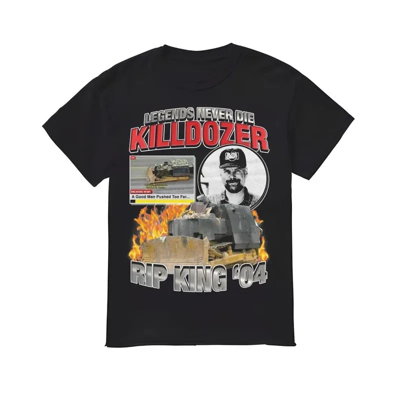 Camiseta masculina de manga curta com gola de algodão, lendas nunca morrem, top de moda Killdozer, camiseta impressa