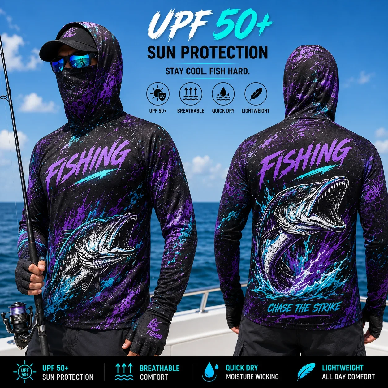 Herren-Angelhoodie mit UPF50+ Sonnenschutz, Maskenmuster, langärmelig, schnelltrocknend, atmungsaktiv, leicht, für das Angeln auf hoher See. – Detail 6