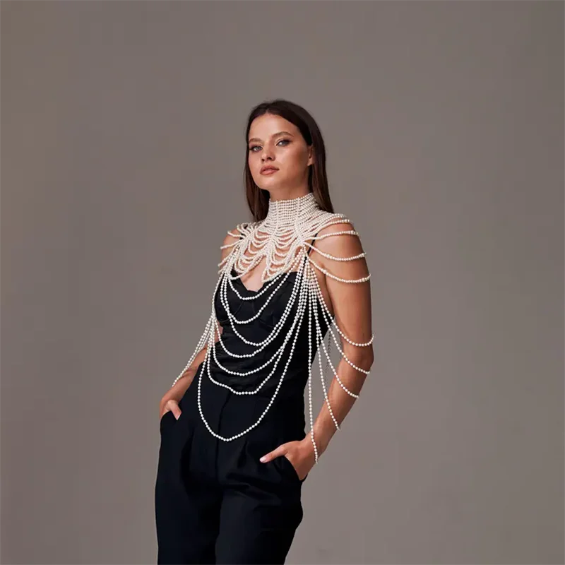 Handgefertigter mehrschichtiger Perlen-Körperschmuck für Damen, langer Perlenumhang mit hohem Kragen, elegante Perlenkette für Hochzeit und Abendveranstaltungen – Detail 4