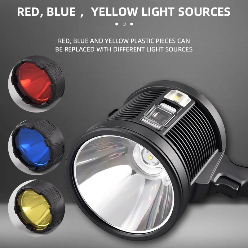 Powerful Portable Solar Led Flashlight Red+Blue+Yellow Searchlight Spotlight Type-C Charging Output Torch Outdoor Hunting Lights