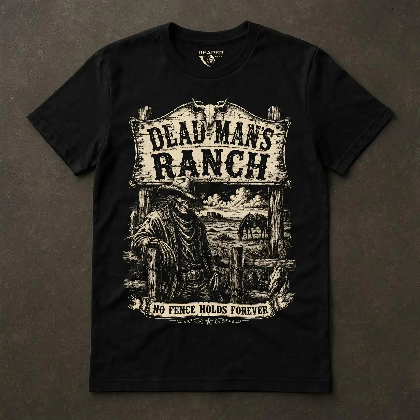 Dead Mans Ranch T Shirt Western Gothic Skeleton Cowboy Dark Country Aesthetic Life Reaper Reps vintage Washed Breathable