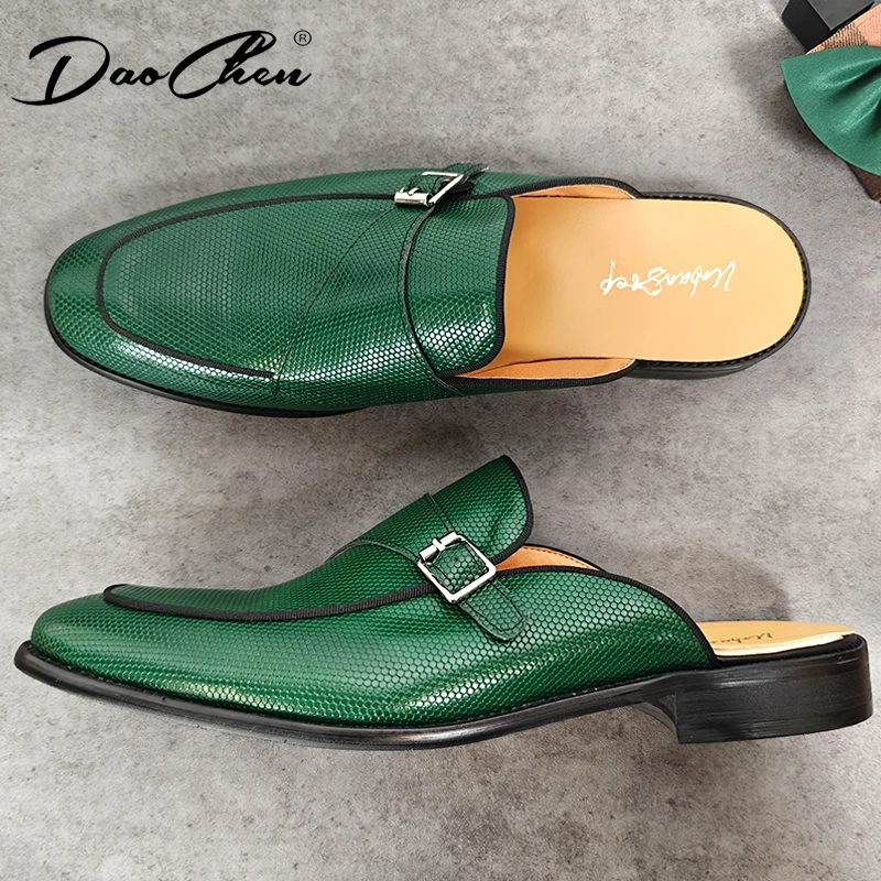 

Luxury Mens Leather Shoes Green Black Slip On Buckle Strap Casual Dress Men Shoes Summer Party Banquet Half Shoes For Men