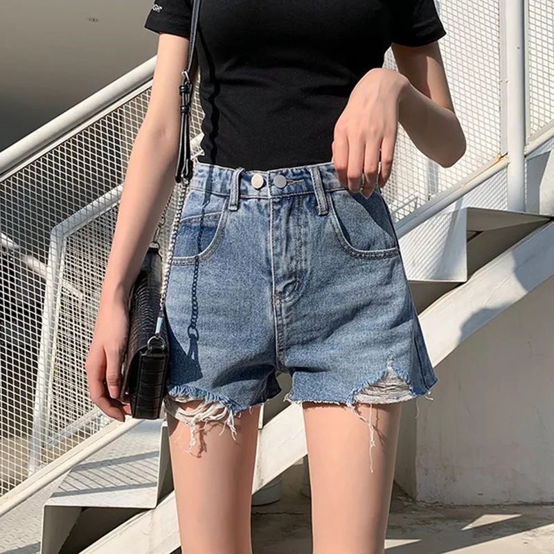 

Summer Lady Raw Edge Double Button Jeans Women Fashion High Waist Casual Short Pants Girls Retro Fashion Denim Shorts