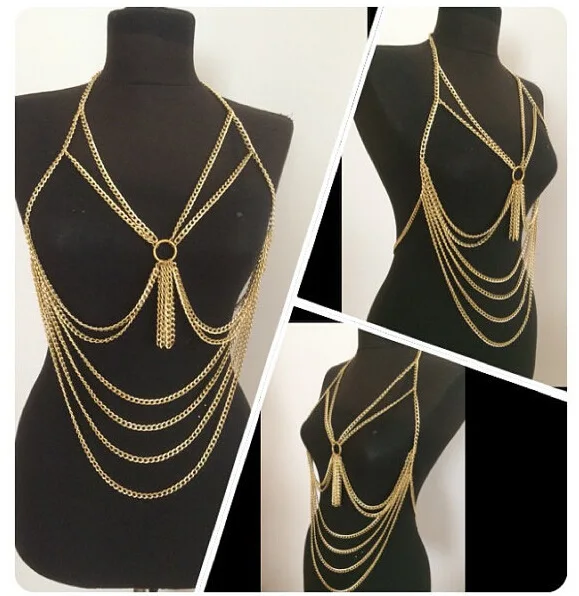 

European and American popular metal large circle fringed chest chain body chain, gold metallic black optional