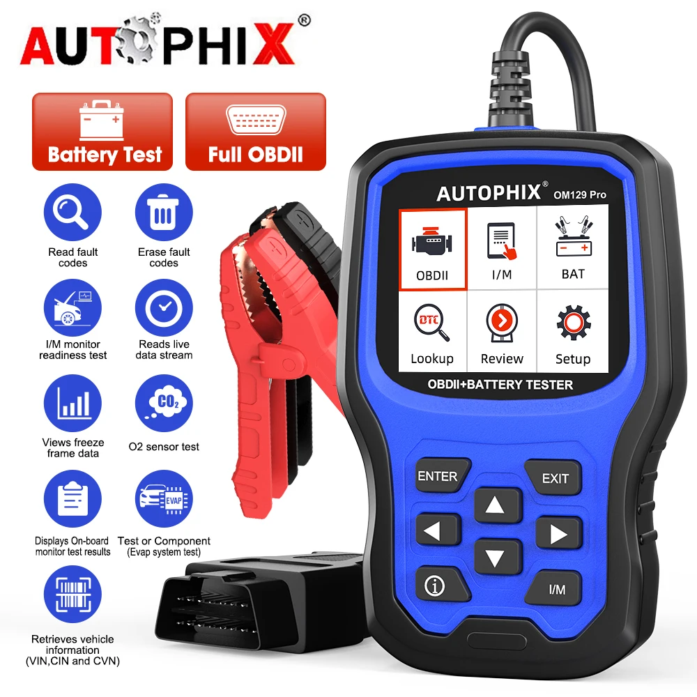 AUTOPHIX OM129 Pro 2 In1 OBD2 Scanner Battery Tester Check Engine 6V 12V Car Battery Cranking Charging Test Auto Scan Tools