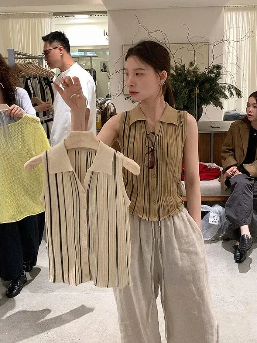 

Summer Thin Knitted Vest Women's Collar Sleeveless Striped Backless Breathable Soft Regular Fit Casual Wear Chinese Brand