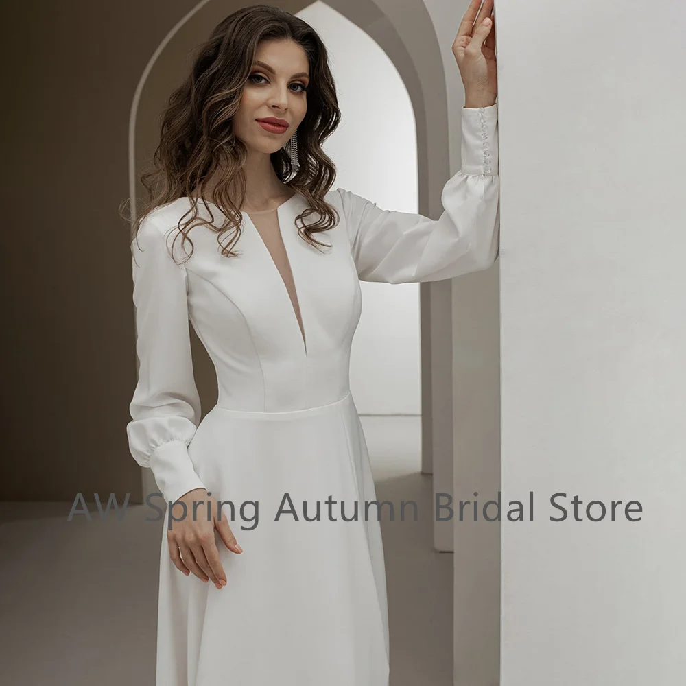 2022 langen Ärmeln Hohe Schlitz Plain Satin Hochzeit Kleid Einfache vestido de noiva Weiß EINE Linie Boot-ausschnitt Open Back brautkleider