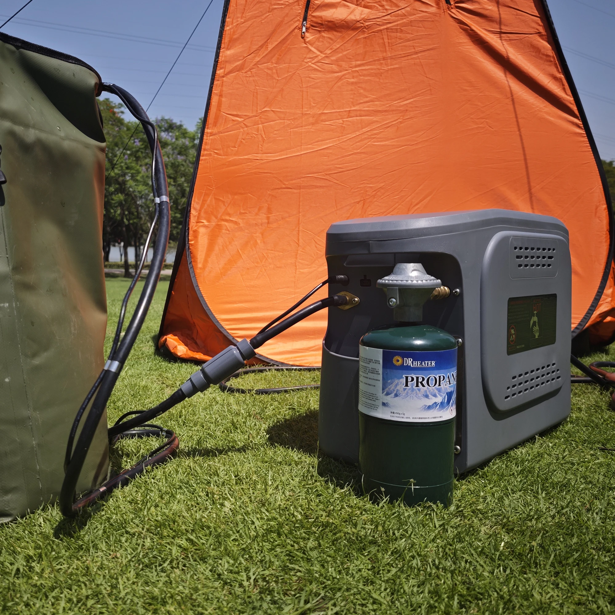 All-in-One Camping Water Heater Kit - Portable Propane Shower + 12V Pump + 40L Bucket
