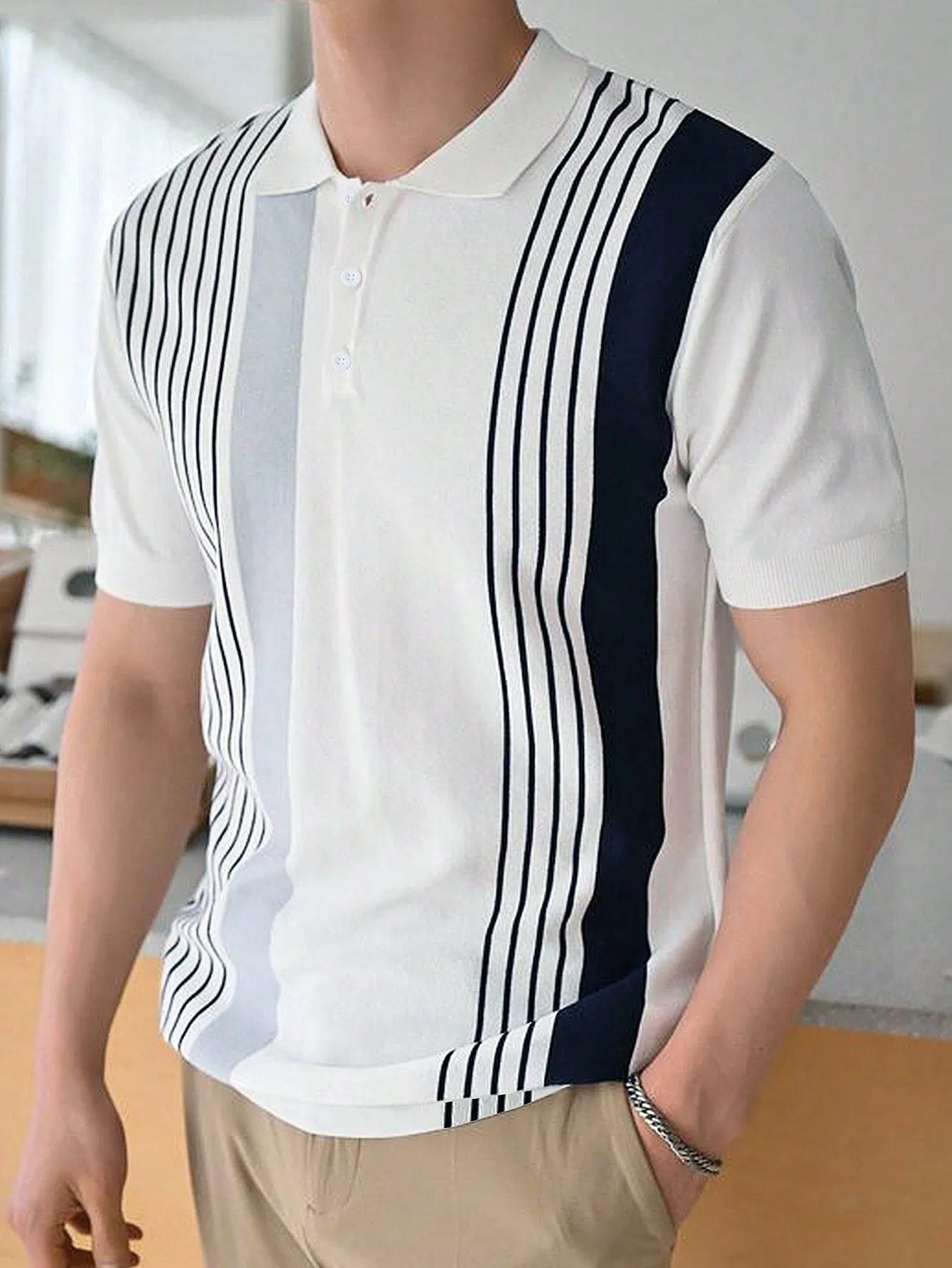 

Men's Short Sleeve Stripe Color Block Polo Shirt for Casual Daily Wear