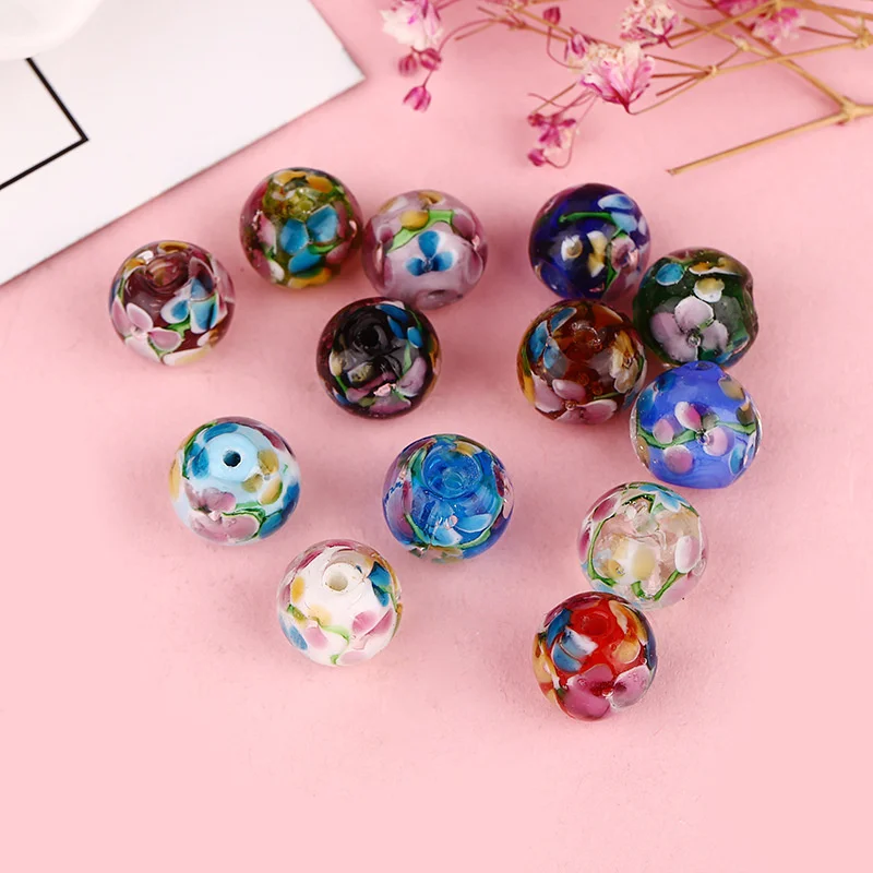 5/10Pcs 12mm Retro Handmade Glass lampwork beads Flower Round  colour decoration beads DIY for Jewelry making Wholesale