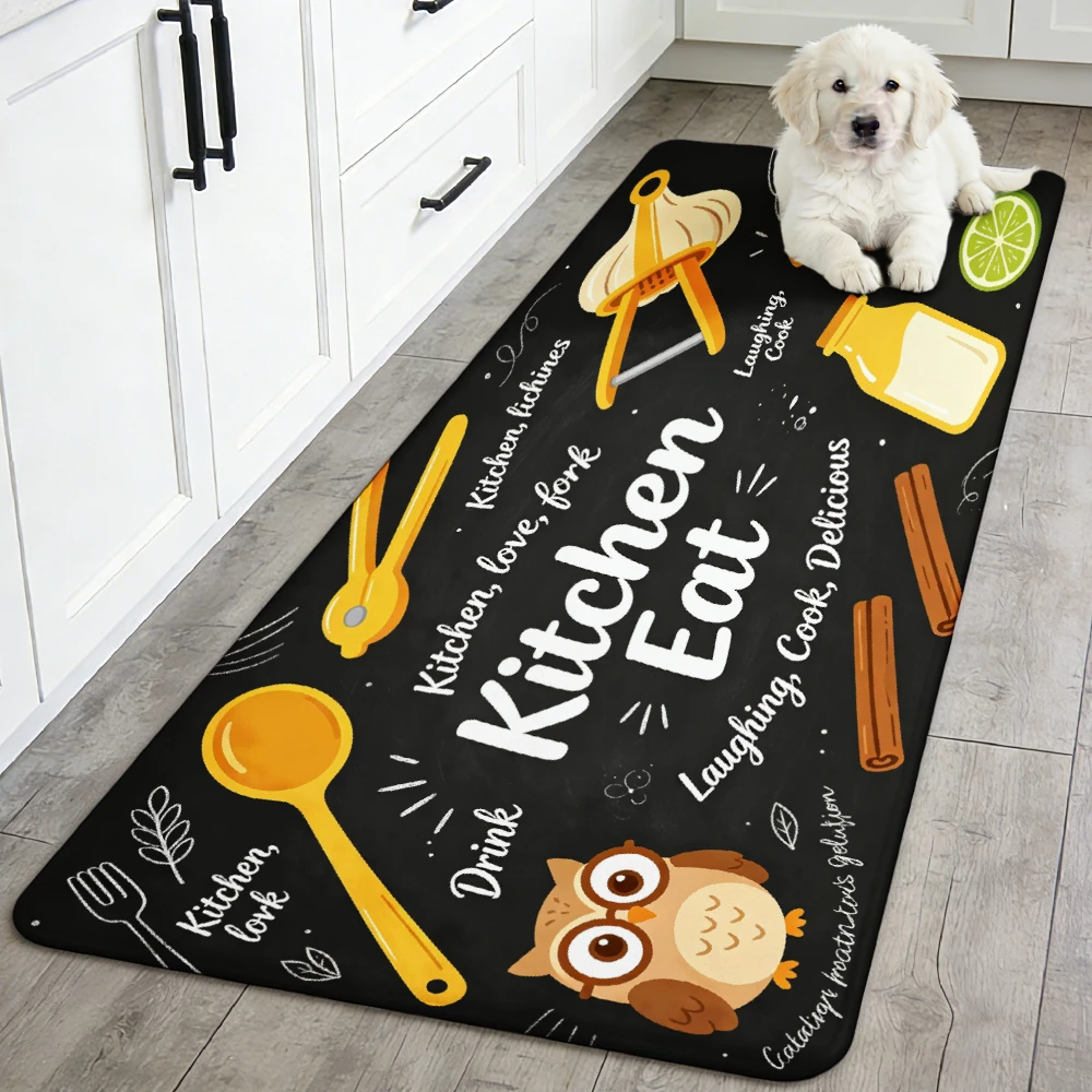 Cute Owl & Kitchen Utensils Print Long Floor Mat, Non Slip Washable Runner Rug for Kitchen, Cooking Area, Sink Side Anti-Slip