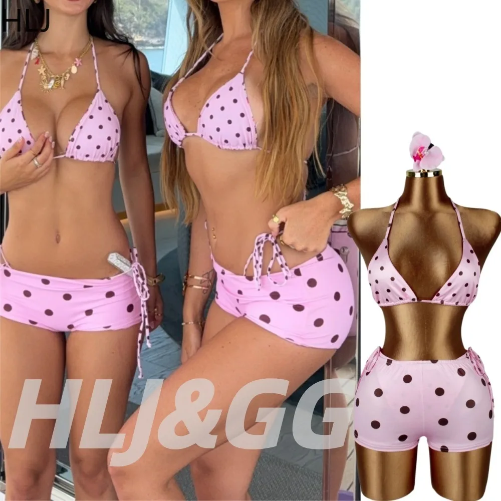 

HLJ Y2K Sexy Polka Dot Print Two Piece Set Girl Bikini SwimSuits Spaghetti Strap Crop Top +Thong+Skirt Female Beachwear Clothing