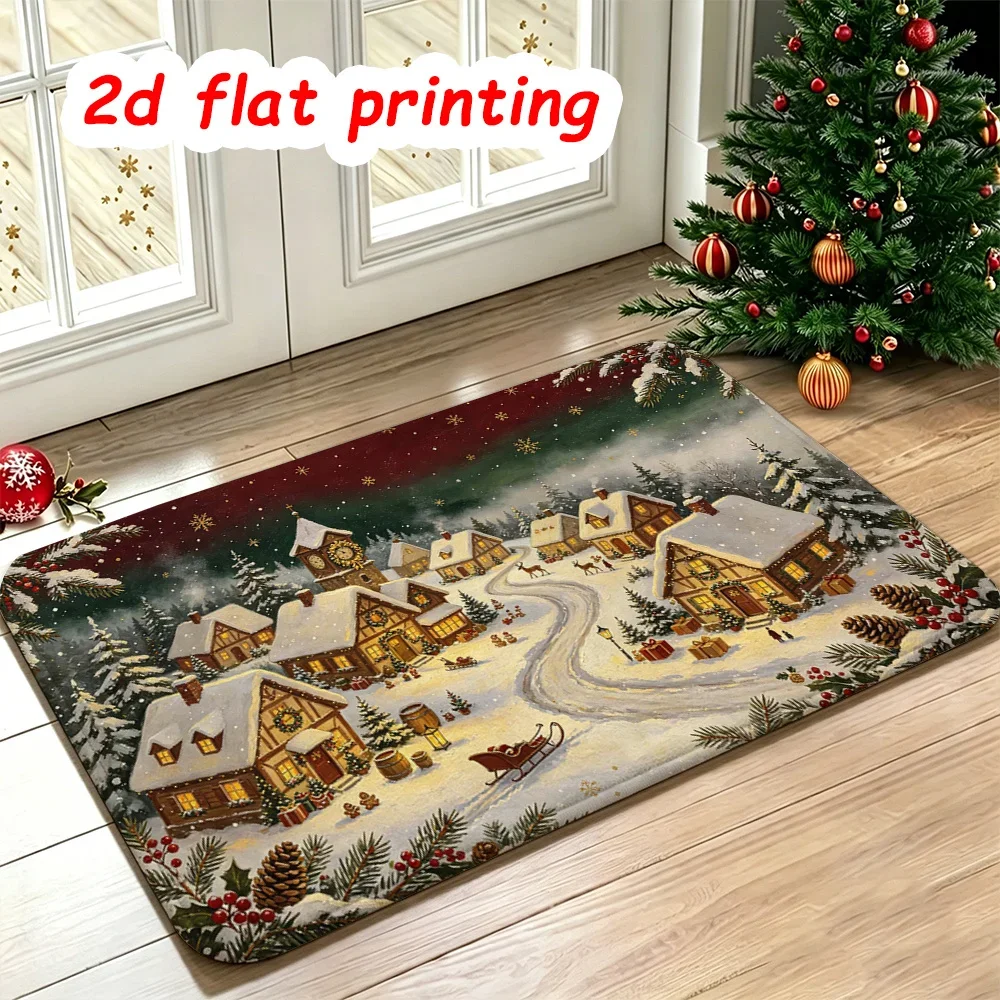 Artistic Snowy Village Floor Mat Cozy Christmas Cottage Welcome Rug Retro Sleigh Deer Doormat Holiday Room Area Rug
