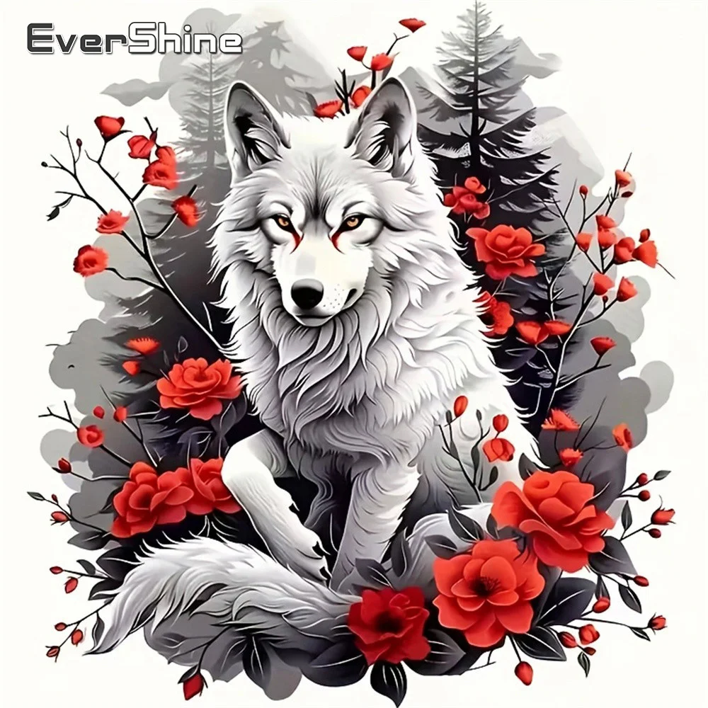 Evershine Diamantmalerei Tier Vollflächiges Kunst-Diamantmosaik Wolf Bild Strass-Stickerei Blumen Handgemachtes Hobby