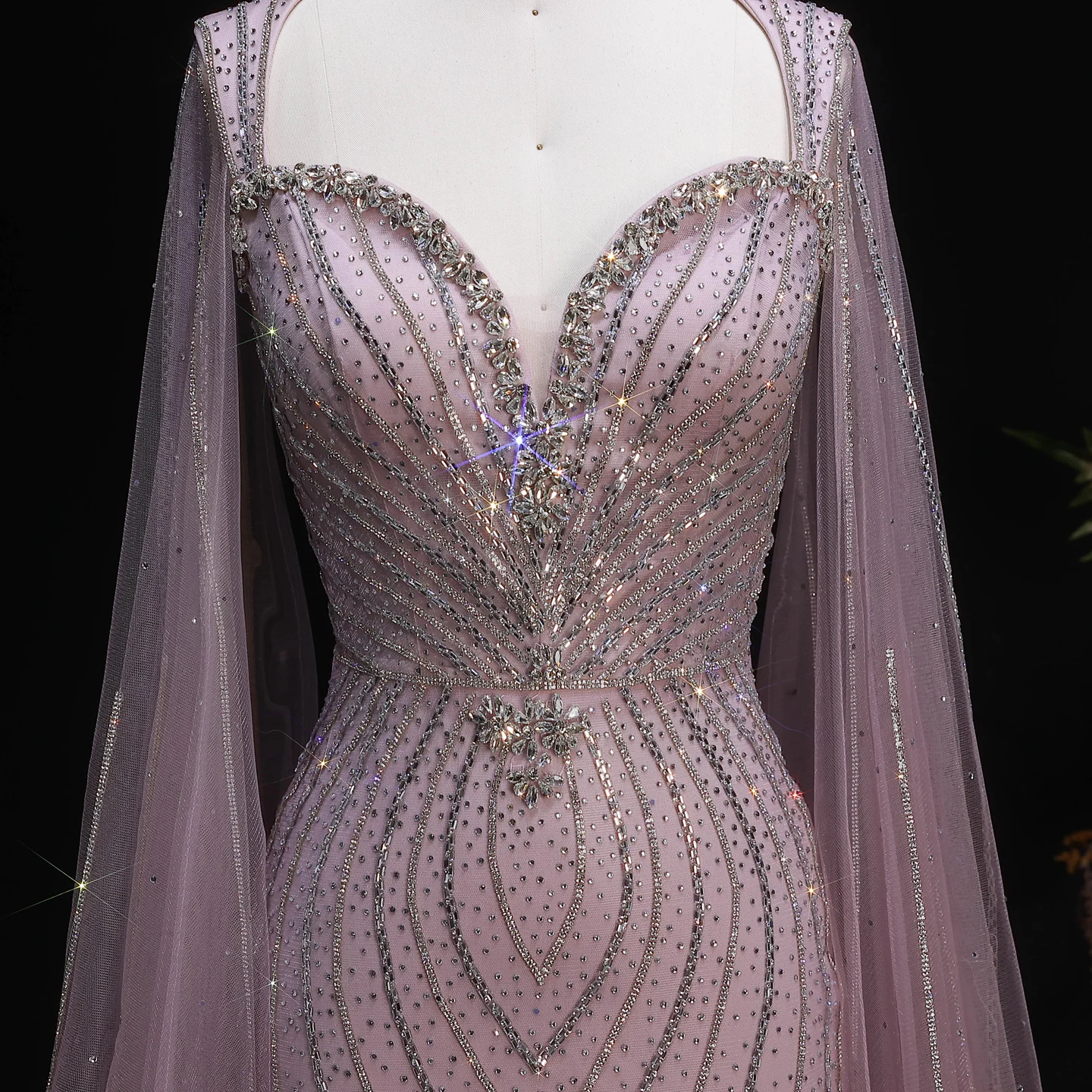 Sharon Said Elegante Abendkleider mit Cape-Ärmeln, Perlenbesetzte Meerjungfrauenkleider, Arabische Luxus-Formelle Ballkleider für Damen SS130 Maßanfertigung – Detail 19