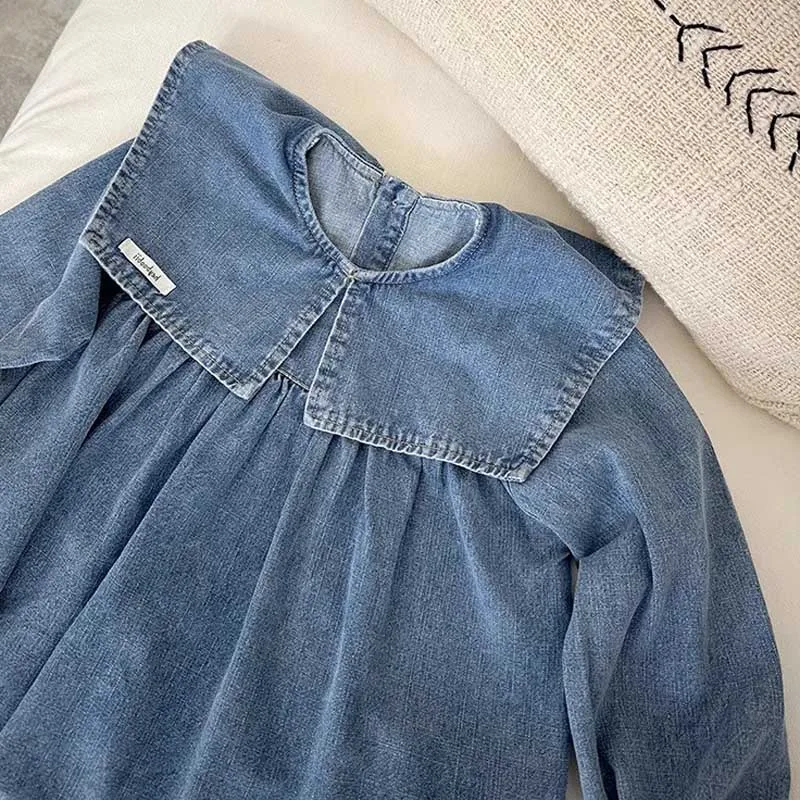 Girls\' Denim Dress with Large Collar Washed Denim Long Sleeved Dress A-line Skirt 2024 Spring and Autumn New Children Outfit