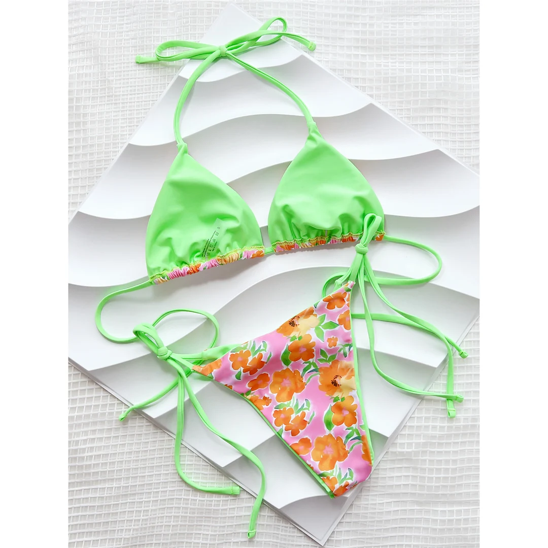 Sexy Blumenmuster, Neckholder-Bikini mit Trägern, Damen-Badeanzug, zweiteiliges Bikini-Set, Badebekleidung, Badeanzug, Modell V5428. – Detail 10