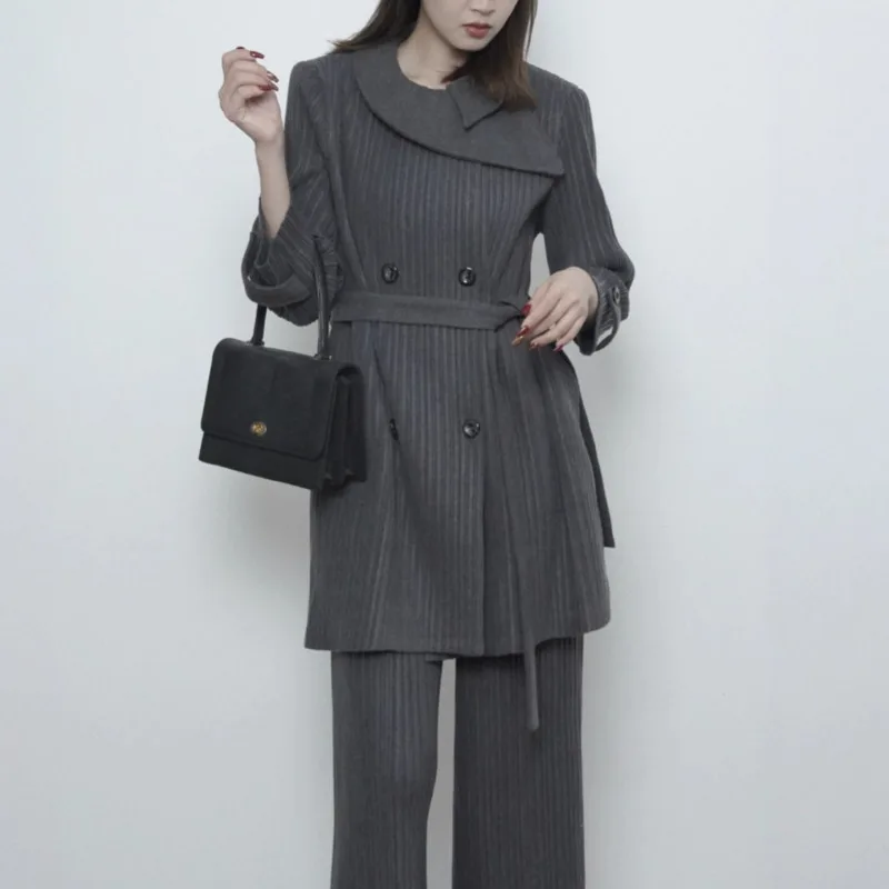 YFPF automne hiver laine plissée veste femmes mode couleur unie revers bouton ceinture froncé taille manteau décontracté nouveaux vêtements