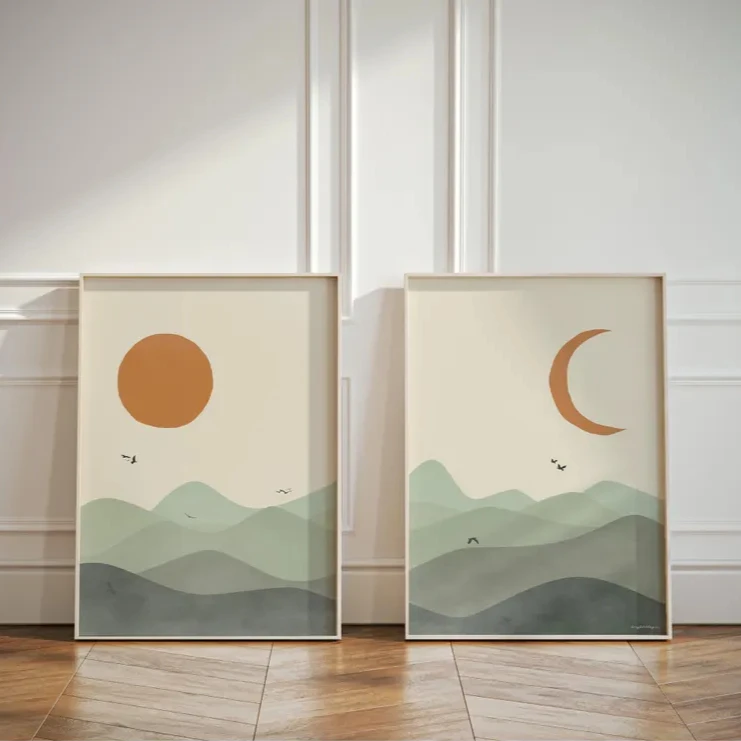 حكيم الأخضر الشمس والقمر المشهد قماش الطباعة منتصف القرن مجردة هندسية الجدار ملصق فني لغرفة المعيشة الحديثة ديكور المنزل #1