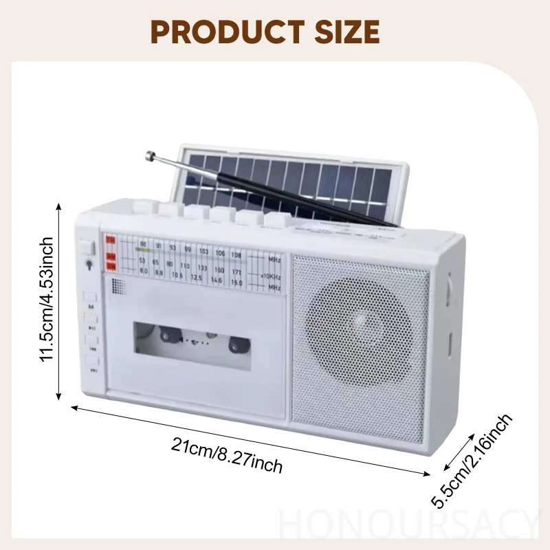 

Solar Powered Portable Tape Player Cassette Tape Player Support SD Card Retro Handheld AM FM Radio Recorder for Park Home Office