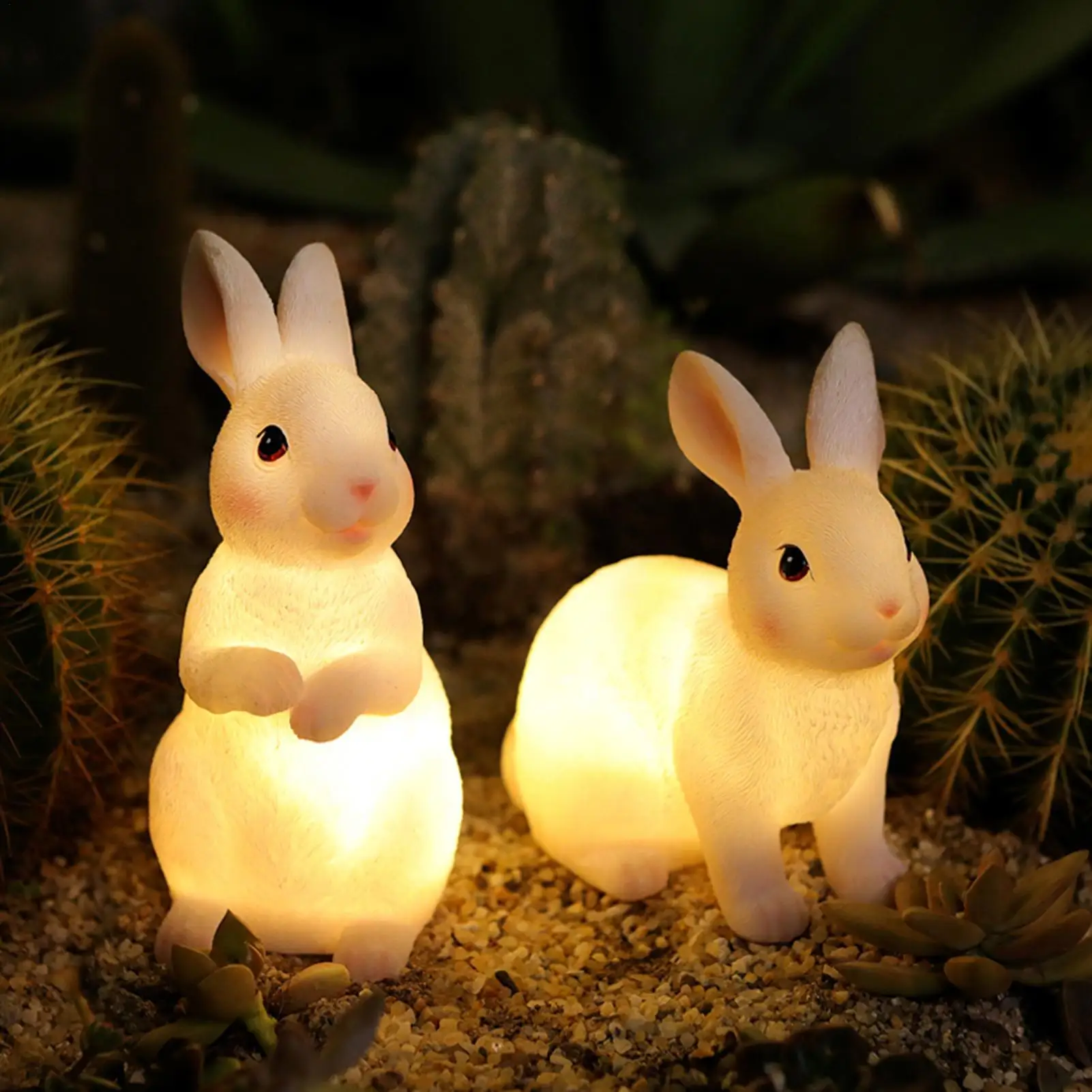 Realistic Rabbits LED Lights Garden Rabbits Statue Figurine Garden Figurines Outdoor Decor For Yard Patio Porch Path Walkway