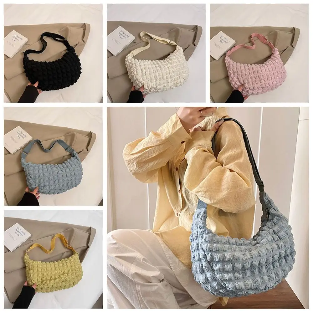 

Shoulder Bag Pleated Bubble Crossbody Bag Dumplings Bag Plaid Light Weight Tote Bag Korean Style Large Capacity Fold Cloud Bag