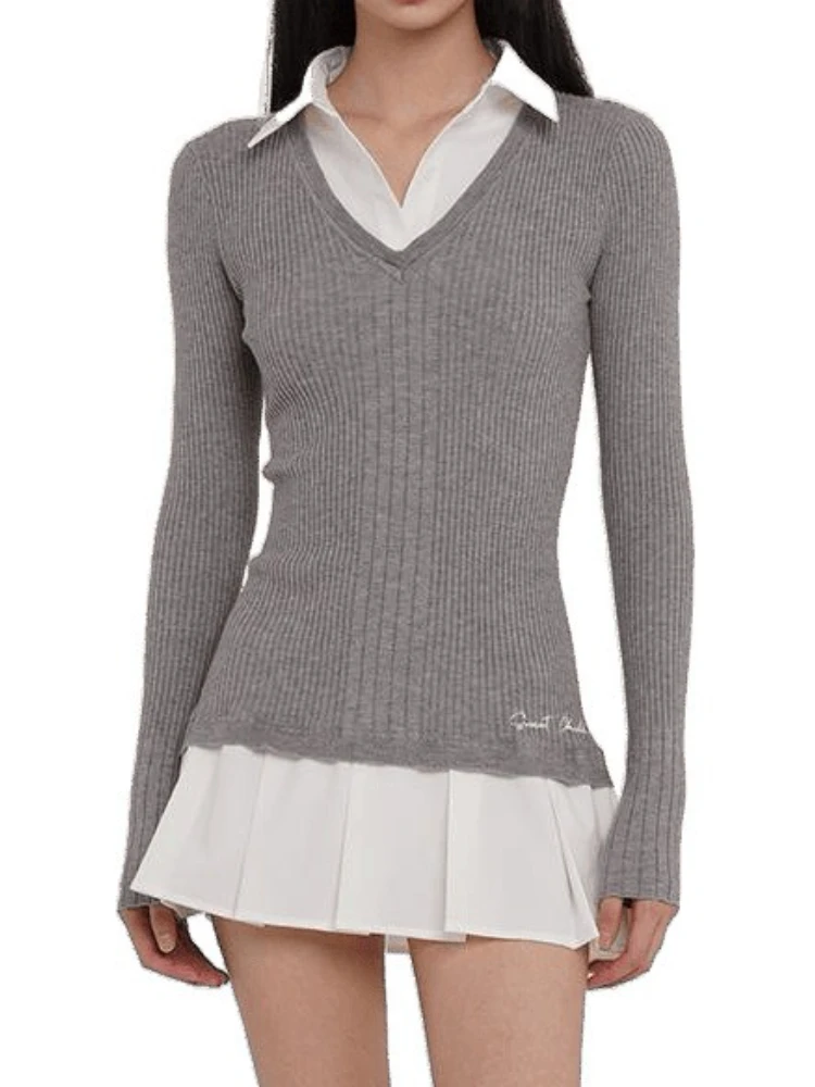 2025 ใหม่ฤดูใบไม้ร่วงปลอม 2 ชิ้นชุดเสื้อคอวีสไตล์จีบ A-Line แขนยาว Street Academic Slimming ชุดมินิ