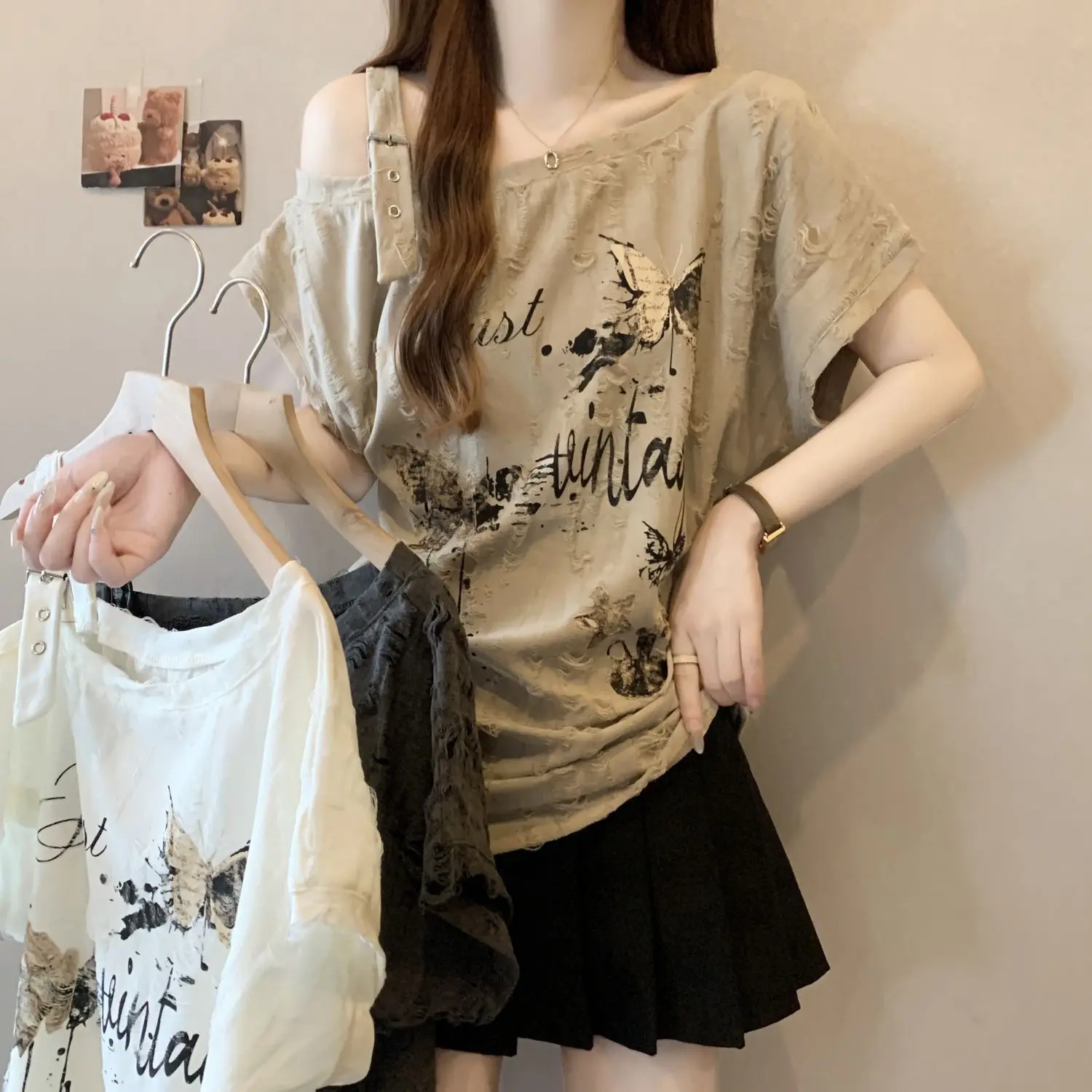 Plus-size women's summer new loose slimming American wasteland style torn butterfly printed off-shoulder short-sleeve T-shirt