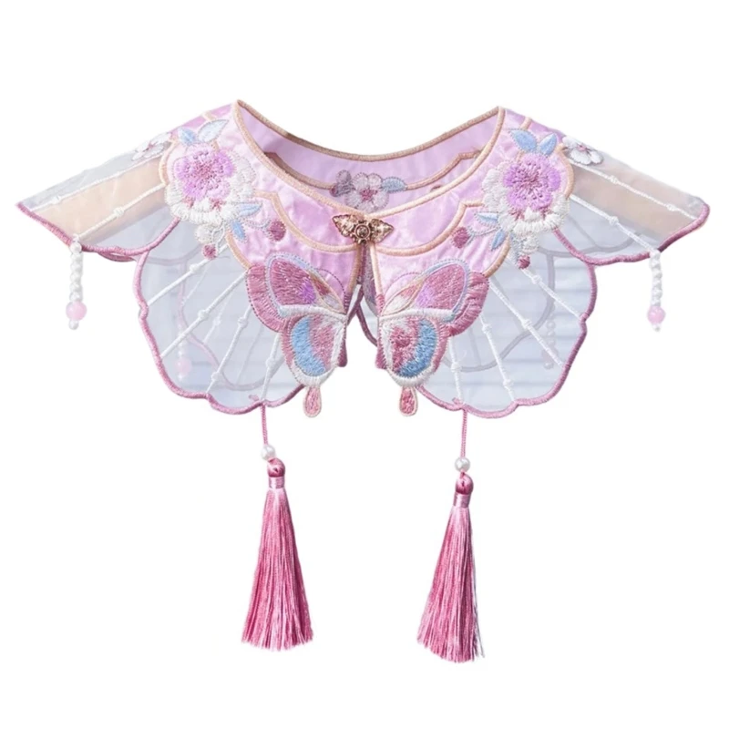 

Childrens Vintage Dress Detachable False Collar Pearl Tassels Shawl Scarf Chinese Embroidery Butterfly Necklace Capelet