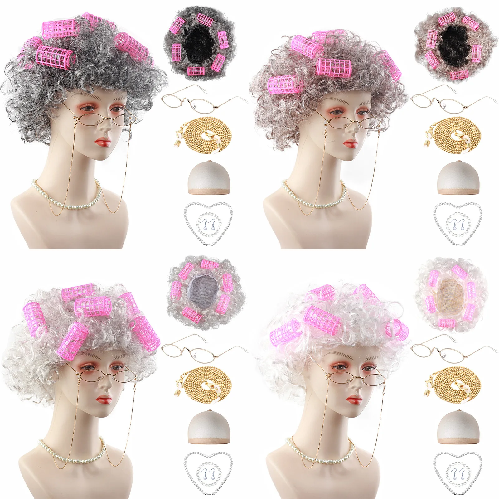 

Комплект для косплея бабушки: парик, ожерелье, трость. Аксессуары для сценического костюма бабушки.