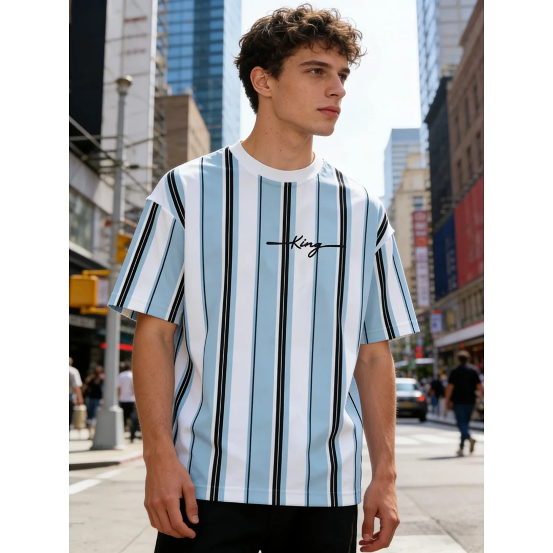 Men's Simple Versatile Striped Letter Print Short Sleeve Fashion Casual T-Shirt Spring and Summer Collection